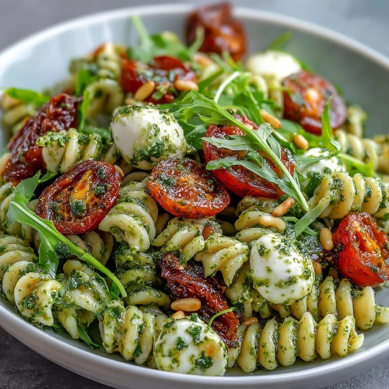 Fresh pesto coats al dente pasta tossed with juicy cherry tomatoes and creamy mozzarella balls in this easy summer dish.
