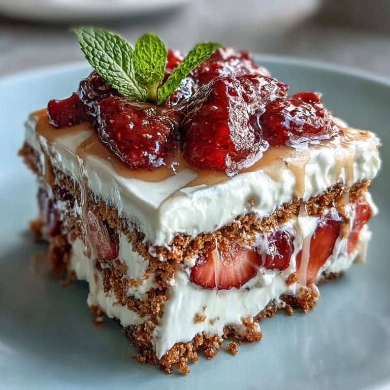 Beautifully assembled Memorial Day No-Bake Icebox Cake with vibrant strawberry layers.