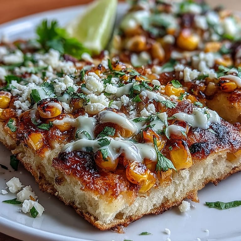 Our delicious cinco de mayo street corn flatbread with spicy crema.