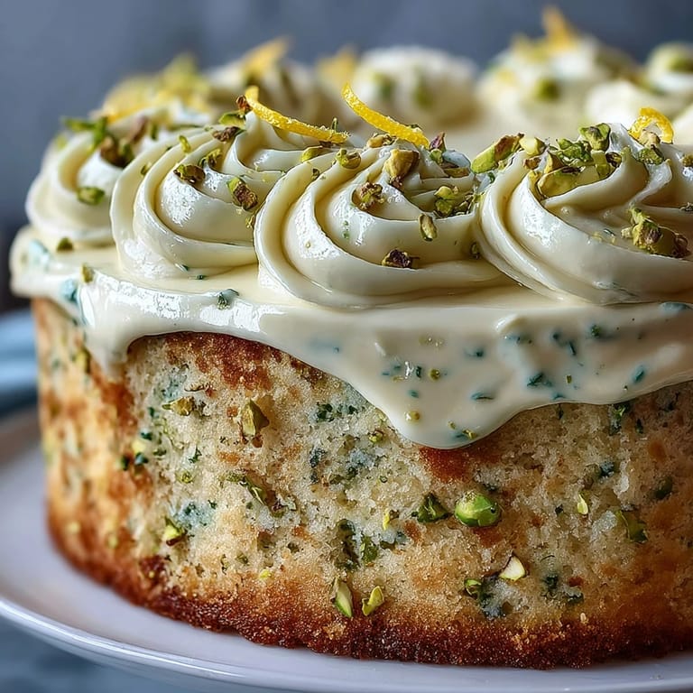 Moist birthday cake with bright lemon and crunchy pistachio frosting.