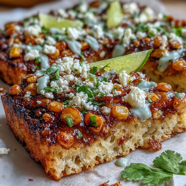 Toasted flatbread piled high with vibrant street corn, perfect appetizer.