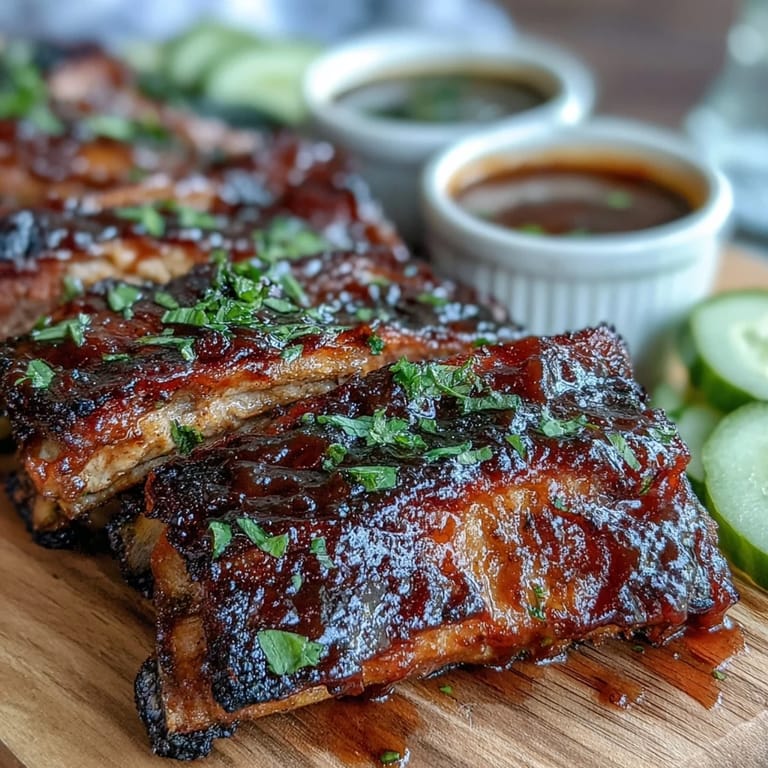 Delicious rib meat artfully arranged with three flavorful dipping sauces.