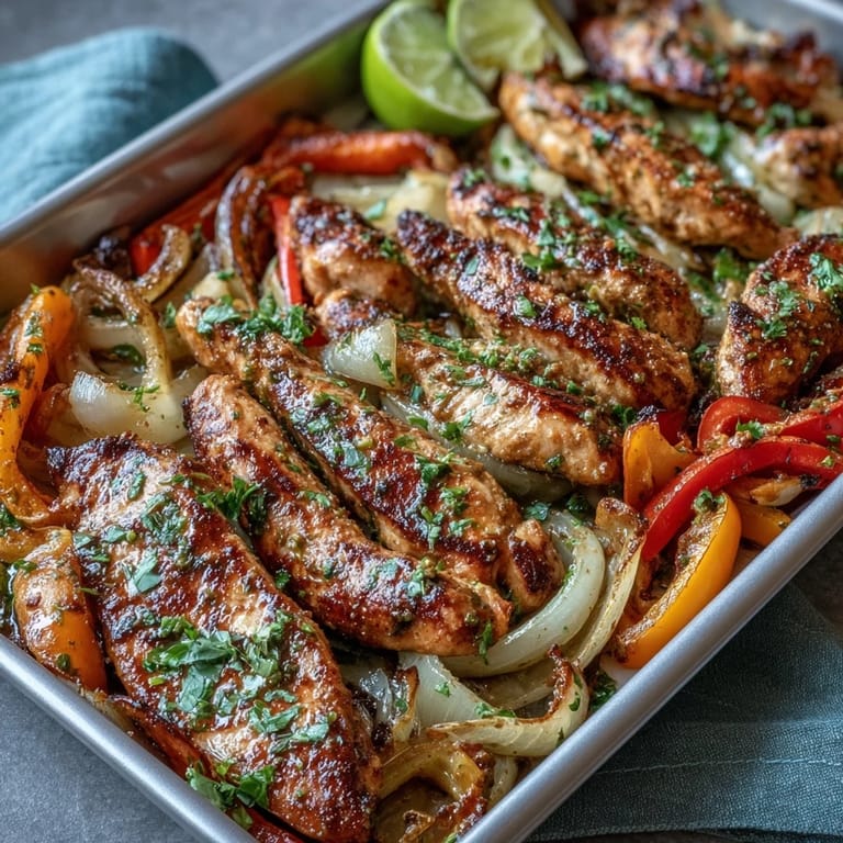 Juicy sheet pan chicken fajitas, hot from the oven with sweet peppers and onions.