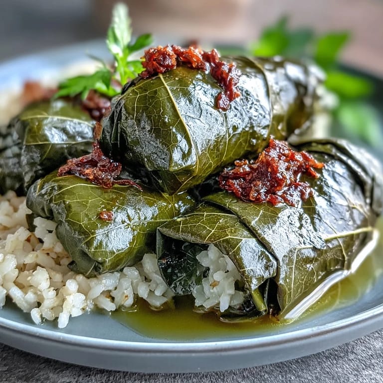 Close-up of perfectly rolled Kurdish Dolma, glistening with herbs and lemon, appetizingly presented.