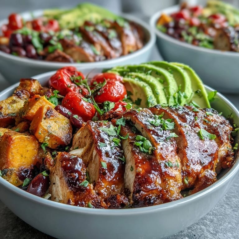 Flavorful BBQ chicken meal prep with tender sweet potato, beans, and fresh toppings.