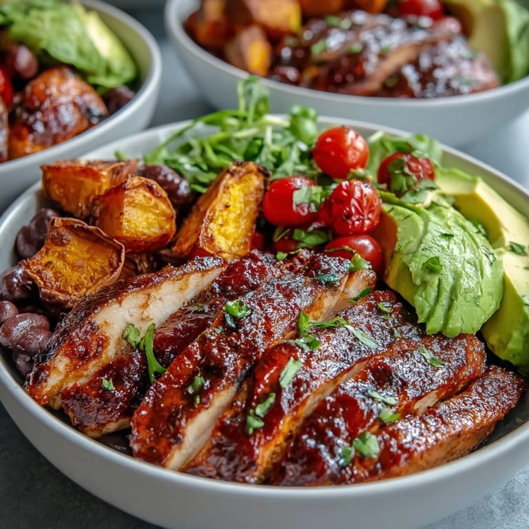 Hearty BBQ chicken meal prep bowls featuring roasted sweet potatoes and garden-fresh fixings.