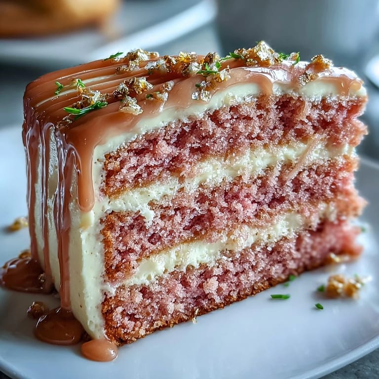 A stunning pink velvet cake with rosé wine, topped with a beautiful gold drip.
