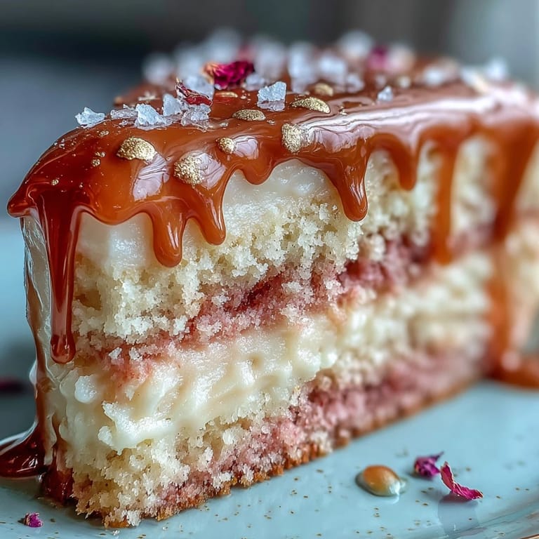 Decadent Bridal Shower Rosé Velvet Cake with beautiful gold cascading drips.