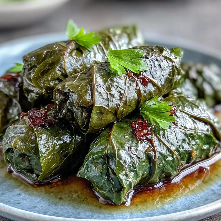 Visually delightful Kurdish Dolma showcasing vibrant, plump stuffed grape leaves ready to serve.