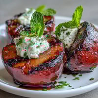 Caramelized Balsamic-Goat Cheese Grilled Plums on a serving platter, drizzled with glossy glaze and fresh mint garnish.