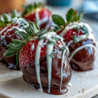 Glossy chocolate-dipped strawberries displayed on a marble tray, drizzled with white chocolate for an elegant dessert.