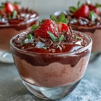 Glass dessert with layers of pink strawberry mousse and dark chocolate ganache, topped with fresh berries.