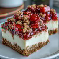 Freshly baked Strawberry Cheesecake Bars with a golden cinnamon streusel topping on a rustic wooden board.