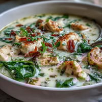 Creamy Garlic Parmesan Chicken Soup steaming in a white ceramic bowl, garnished with fresh parsley and extra cheese.