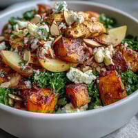 Golden roasted chicken and caramelized sweet potatoes top a vibrant Fall Sweet Potato Harvest Bowl with kale, crisp apples, and crumbled goat cheese.