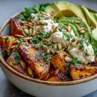 Golden roasted sweet potatoes with crispy edges in a Hot Honey Sweet Potato Bowl topped with avocado and cottage cheese.