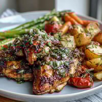Healthy Easy Sheet Pan Chicken with Spring Veggies sizzling with vibrant asparagus, tomatoes, and bell peppers alongside juicy chicken.  