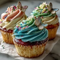 Delicate vanilla cupcakes topped with pastel butterfly buttercream and edible decorations for a spring celebration.  