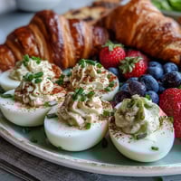 Easter Brunch Board with Deviled Eggs, Fruit, and Pastries featuring colorful deviled eggs, fresh seasonal fruit, and assorted pastries arranged for a festive spring celebration.
