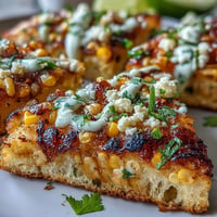 Festive cinco de mayo street corn flatbread, charred corn, cotija, crema.