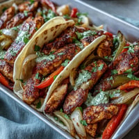 Vibrant sheet pan chicken fajitas with colorful peppers roasting, ready for tortillas.